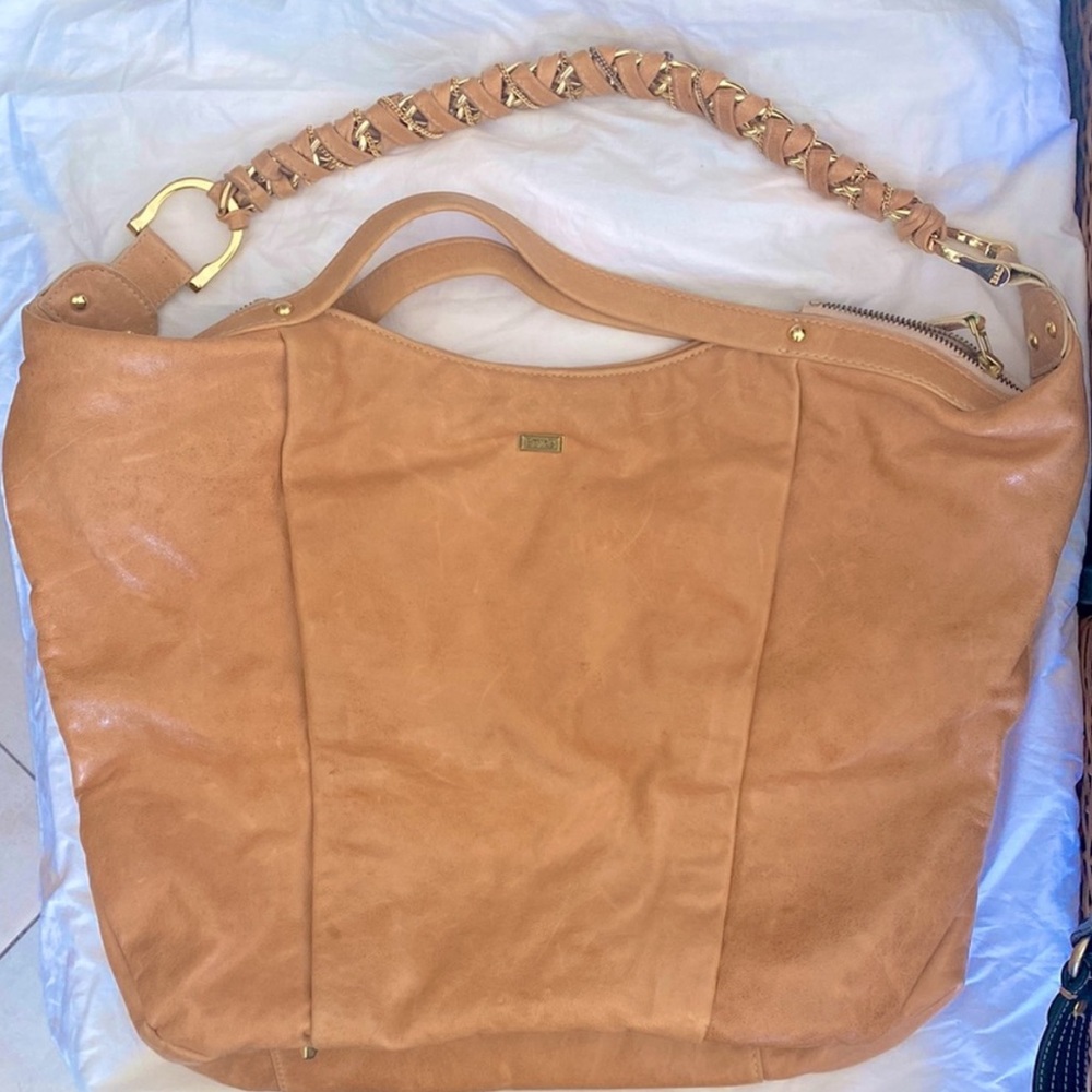 Be & D Shoulder Handbag Twist Chain Strap Gold Cognac Brown Suede Large Tote Bag